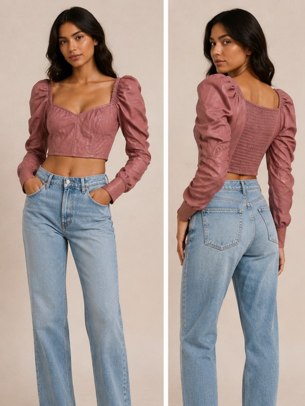 Zara Rose Faux-Leather Puff-Sleeve Crop Top